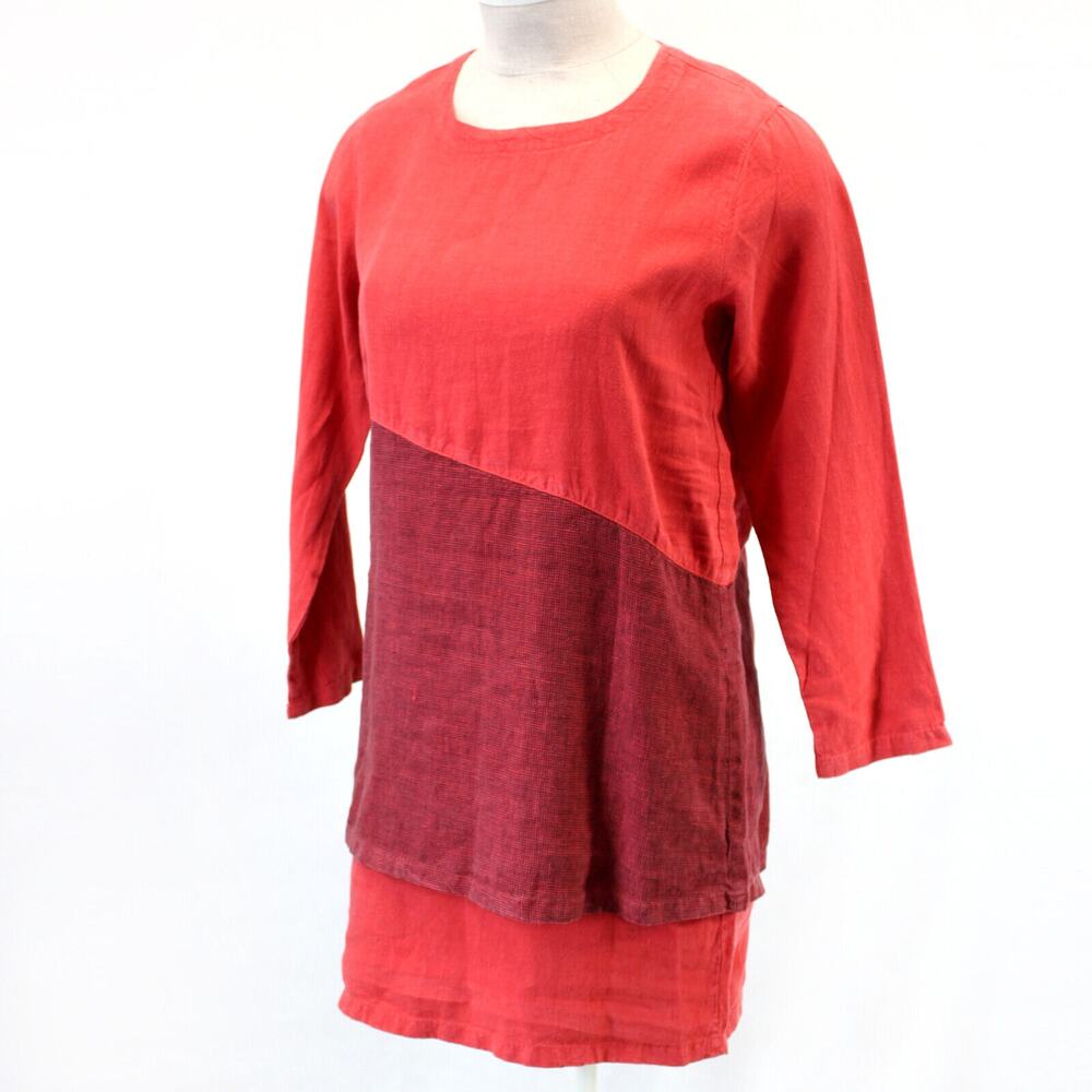 CLICK Color Me Cotton Art to Wear 100% Linen Dress Medium Red Made USA